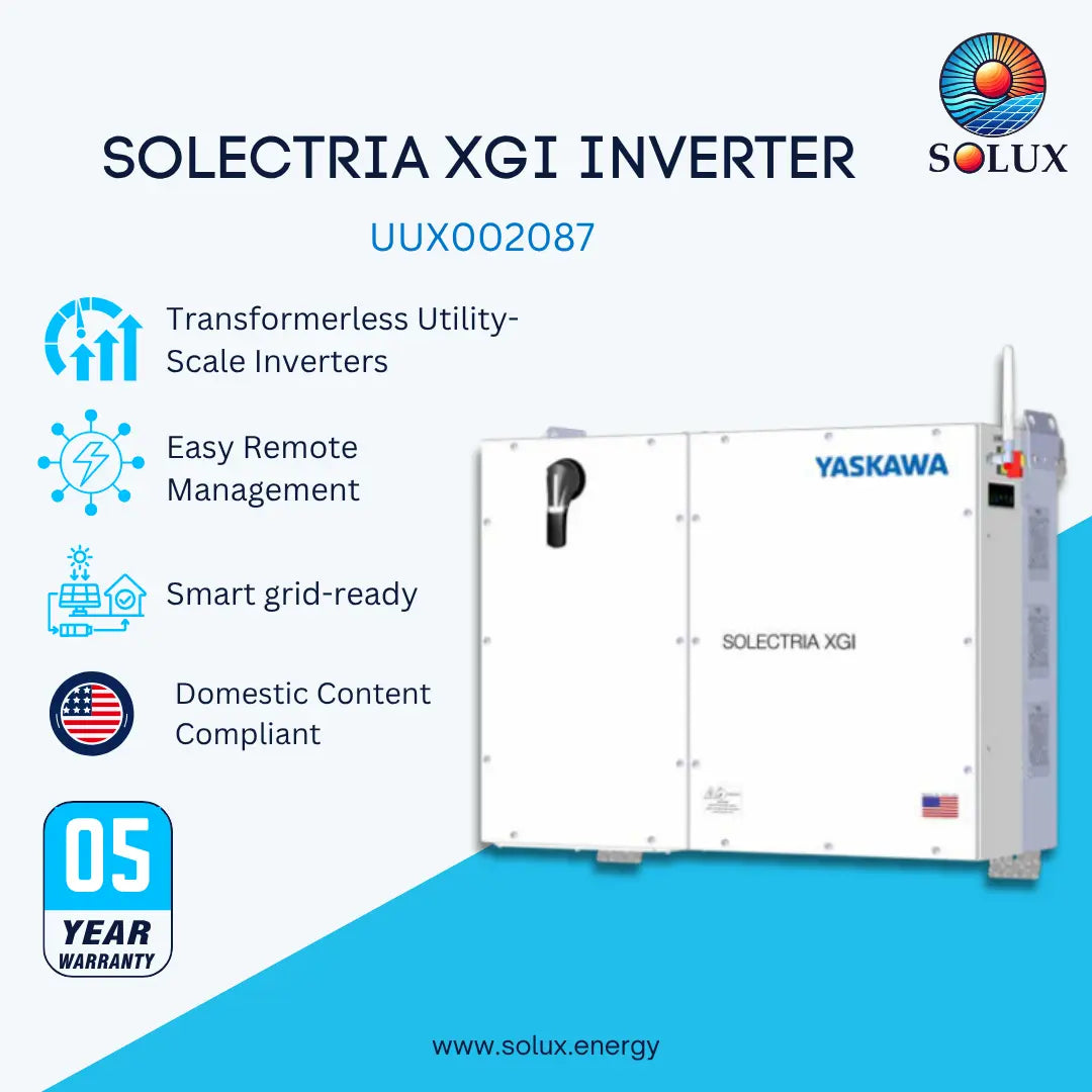 A Solux Solertia XGI inverter product listing graphic showing a white industrial inverter unit on a light blue and white background with feature callouts and a 5-year warranty badge.